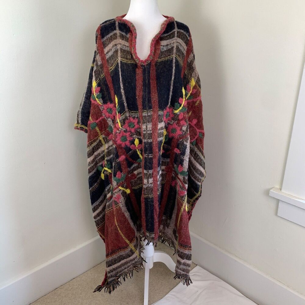 Anthropologie Multicolor Floral Plaid Poncho - Red, Black, Yellow, Green
